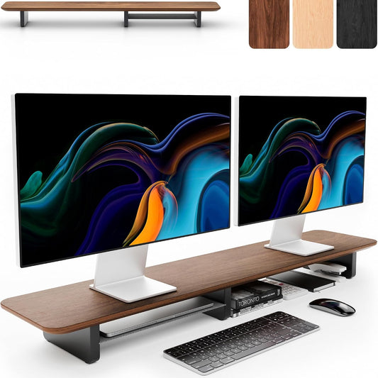 Dual Monitor Riser with Integrated Metal Shelf - Wooden desk shelf