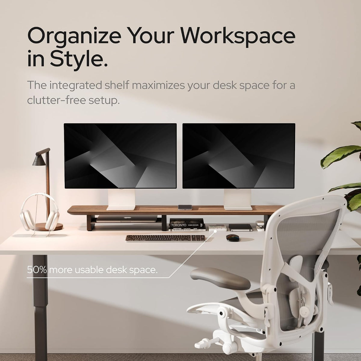 Dual Monitor Riser with Integrated Metal Shelf - Wooden desk shelf