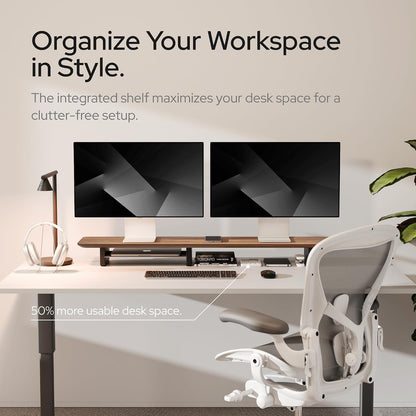 Dual Monitor Riser with Integrated Metal Shelf - Wooden desk shelf