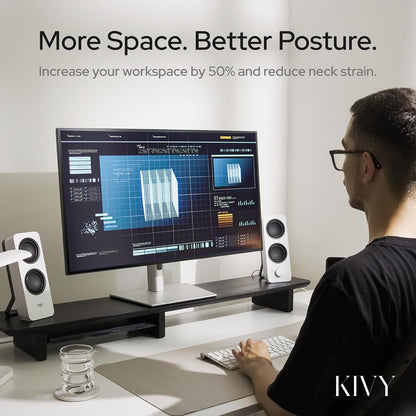 Dual Monitor Riser with Integrated Metal Shelf - Wooden desk shelf