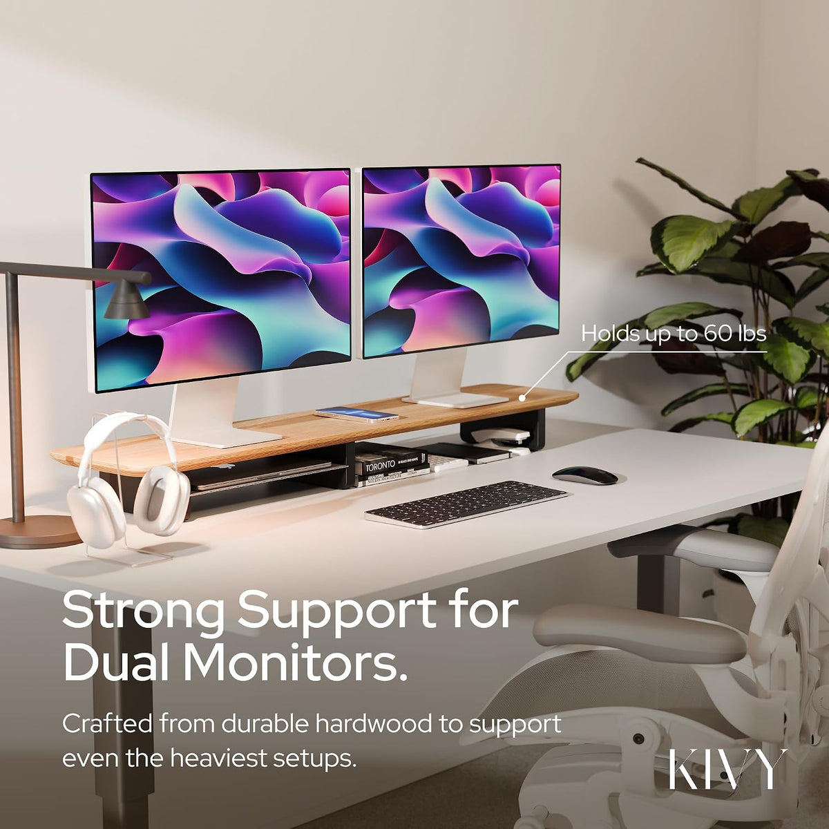 Dual Monitor Riser with Integrated Metal Shelf - Wooden desk shelf