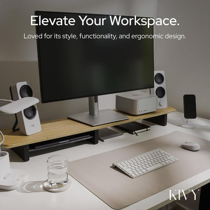 Dual Monitor Riser with Integrated Metal Shelf - Wooden desk shelf