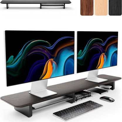 Dual Monitor Riser with Integrated Metal Shelf - Wooden desk shelf