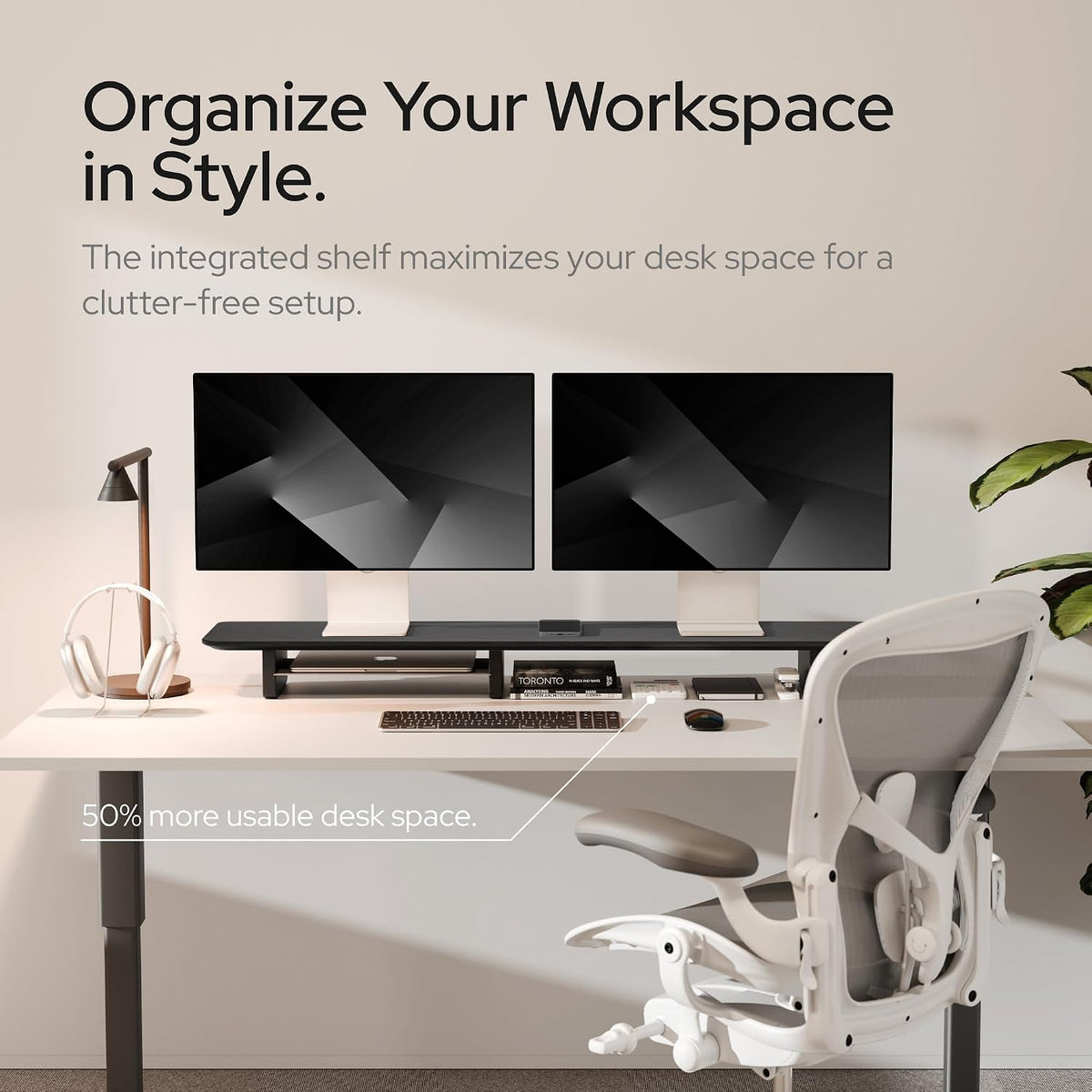 Dual Monitor Riser with Integrated Metal Shelf - Wooden desk shelf