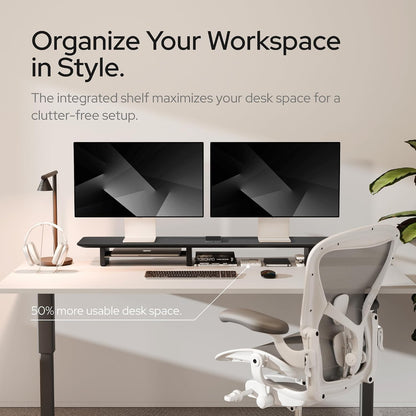 Dual Monitor Riser with Integrated Metal Shelf - Wooden desk shelf
