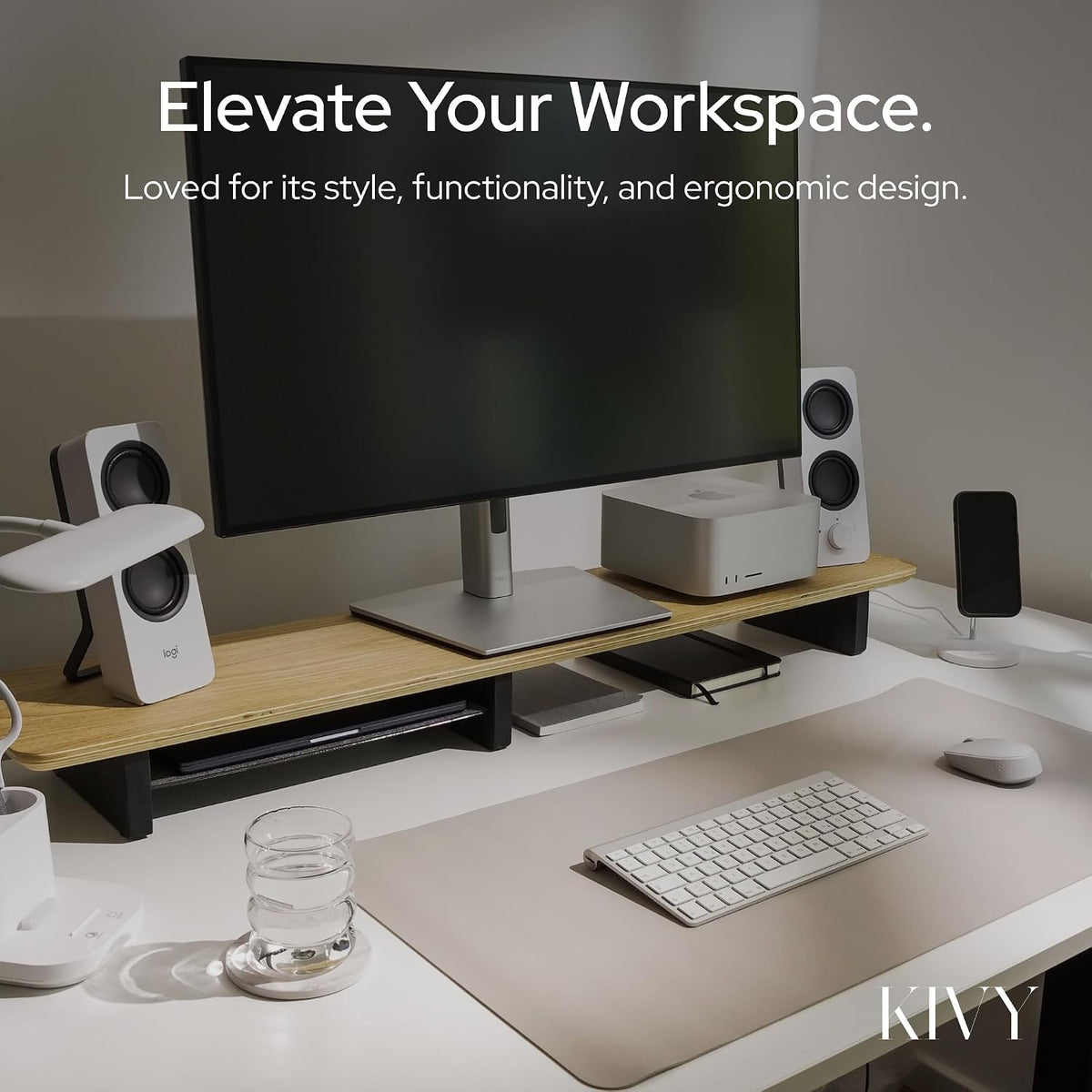 Dual Monitor Riser with Integrated Metal Shelf - Wooden desk shelf