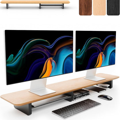 Dual Monitor Riser with Integrated Metal Shelf - Wooden desk shelf