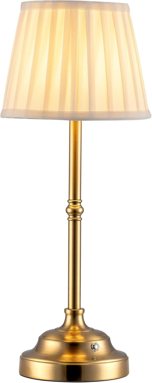 Gold Cordless Portable LED Table Lamp, Beige Fabric Shade Desk Lamp