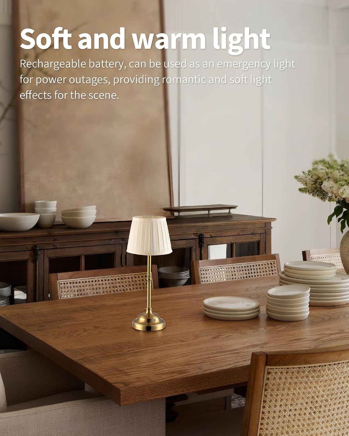 Gold Cordless Portable LED Table Lamp, Beige Fabric Shade Desk Lamp