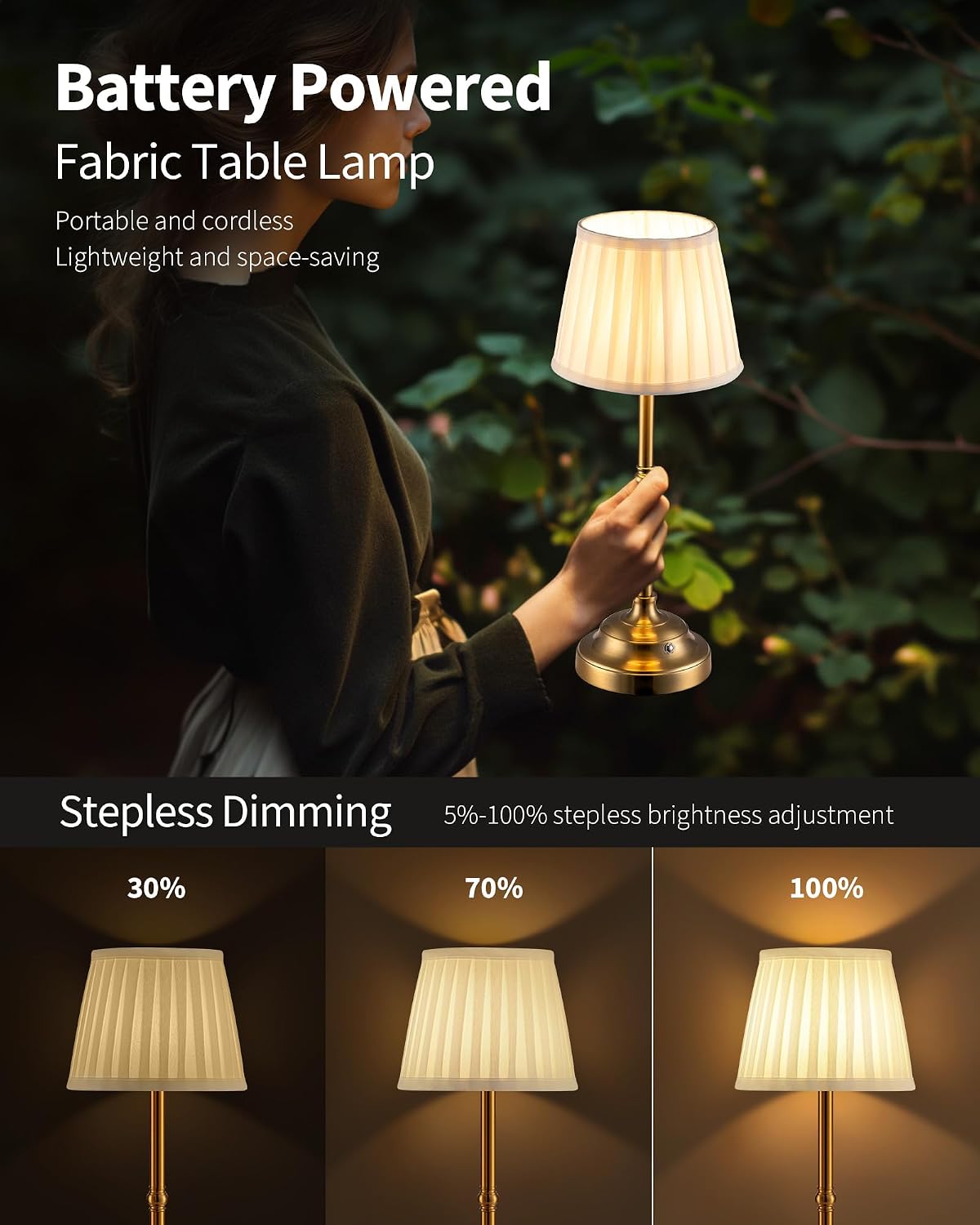 Gold Cordless Portable LED Table Lamp, Beige Fabric Shade Desk Lamp