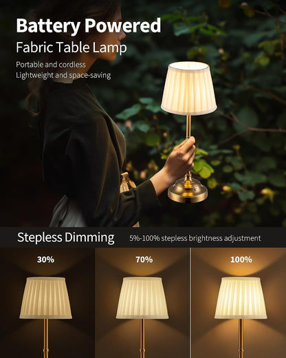 Gold Cordless Portable LED Table Lamp, Beige Fabric Shade Desk Lamp