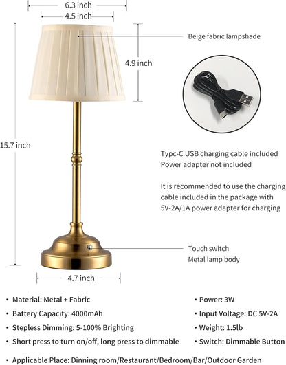 Gold Cordless Portable LED Table Lamp, Beige Fabric Shade Desk Lamp