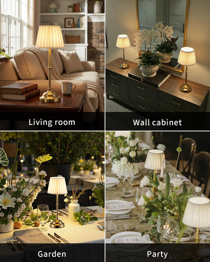 Gold Cordless Portable LED Table Lamp, Beige Fabric Shade Desk Lamp