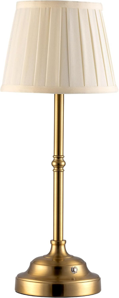 Gold Cordless Portable LED Table Lamp, Beige Fabric Shade Desk Lamp