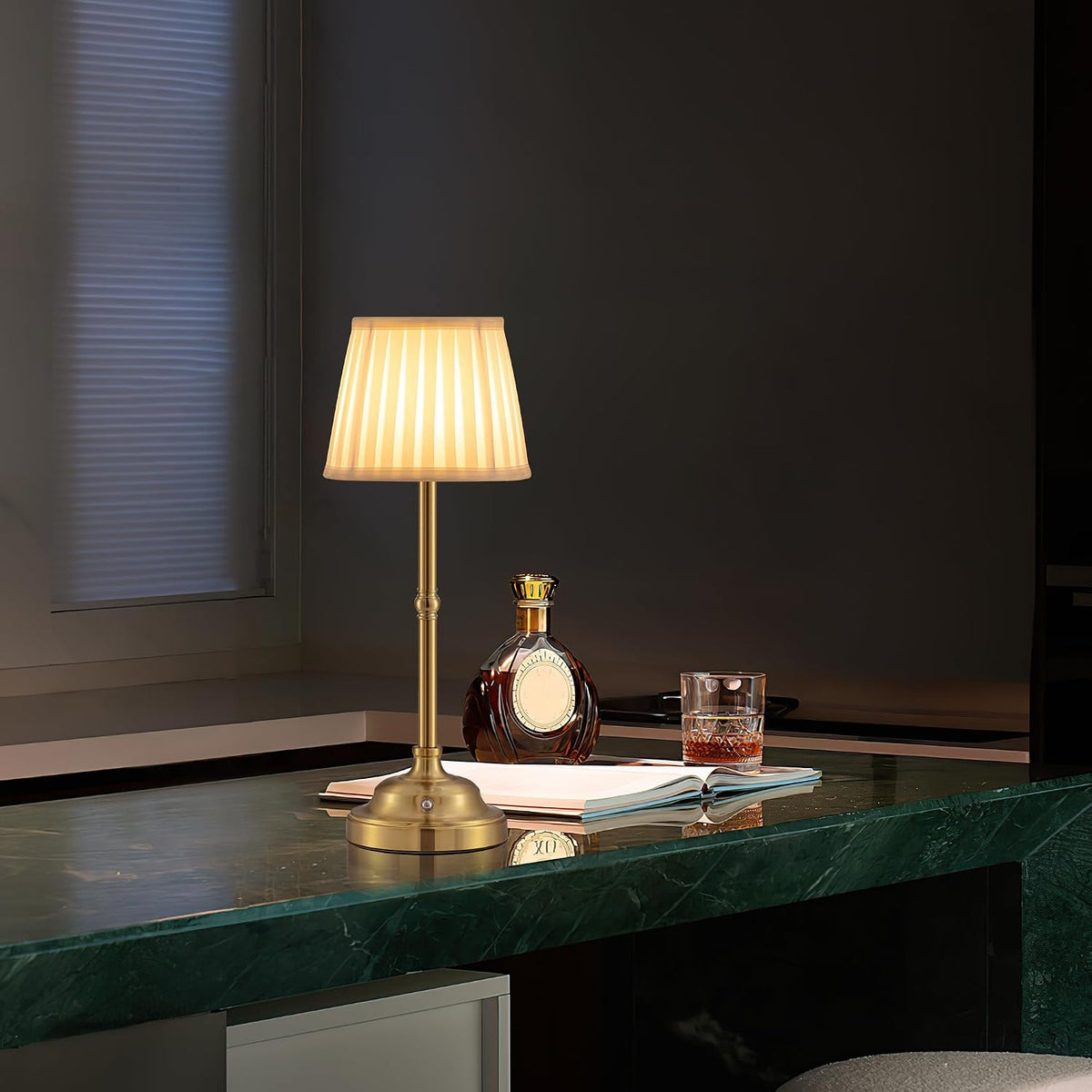 Gold Cordless Portable LED Table Lamp, Beige Fabric Shade Desk Lamp