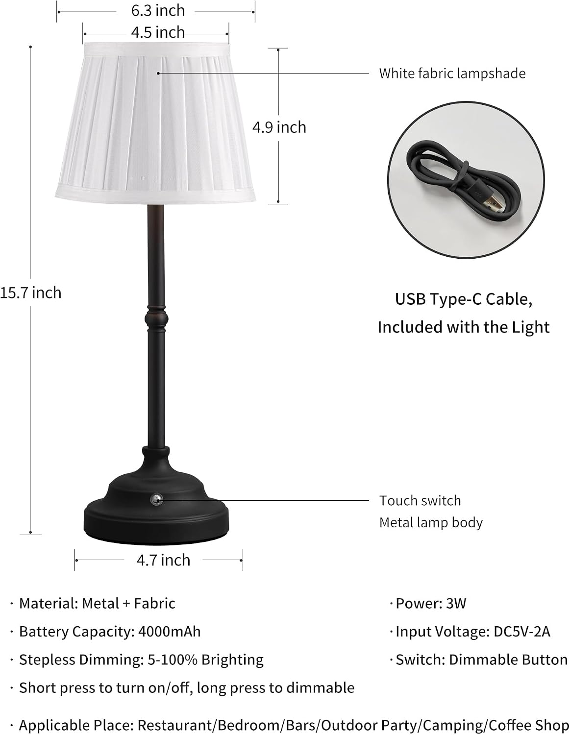 Gold Cordless Portable LED Table Lamp, Beige Fabric Shade Desk Lamp