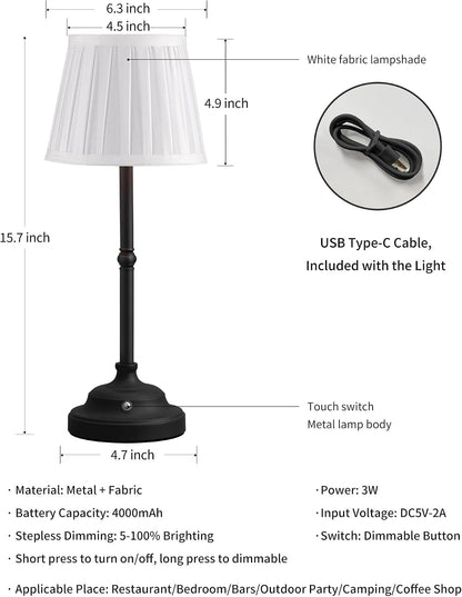 Gold Cordless Portable LED Table Lamp, Beige Fabric Shade Desk Lamp