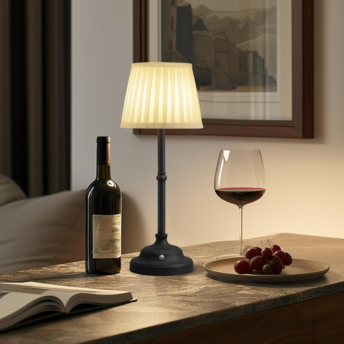 Gold Cordless Portable LED Table Lamp, Beige Fabric Shade Desk Lamp