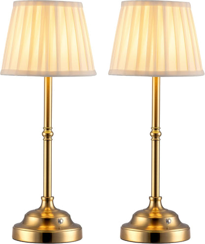 Gold Cordless Portable LED Table Lamp, Beige Fabric Shade Desk Lamp