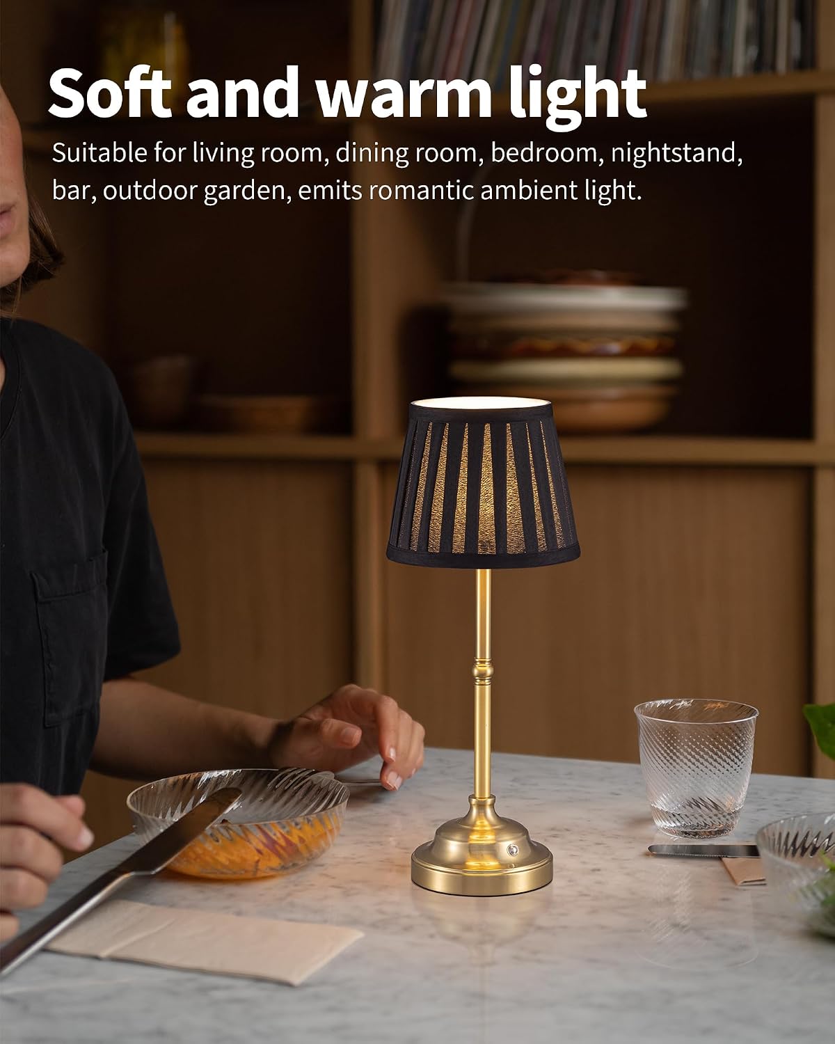 Gold Cordless Portable LED Table Lamp, Beige Fabric Shade Desk Lamp