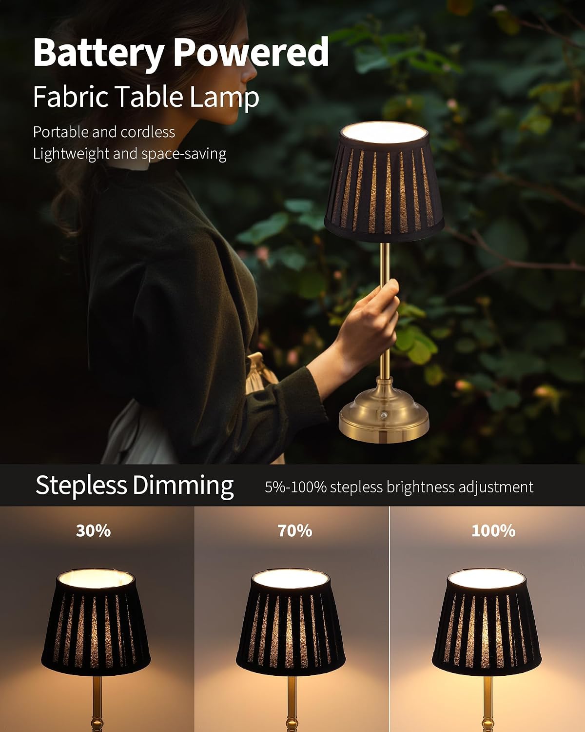 Gold Cordless Portable LED Table Lamp, Beige Fabric Shade Desk Lamp