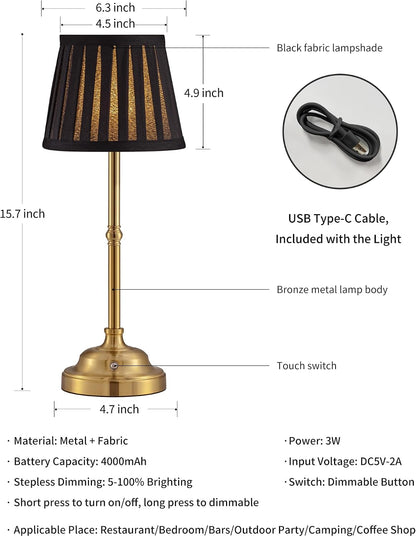 Gold Cordless Portable LED Table Lamp, Beige Fabric Shade Desk Lamp