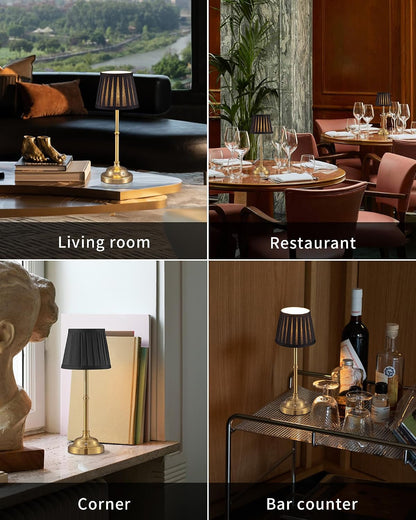 Gold Cordless Portable LED Table Lamp, Beige Fabric Shade Desk Lamp