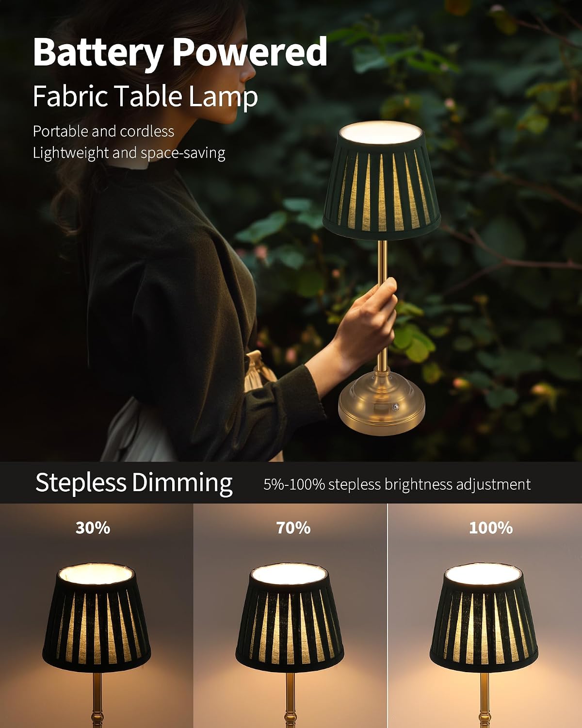 Gold Cordless Portable LED Table Lamp, Beige Fabric Shade Desk Lamp