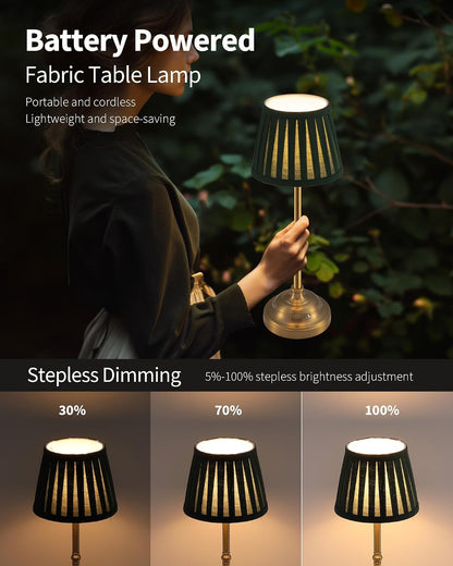 Gold Cordless Portable LED Table Lamp, Beige Fabric Shade Desk Lamp