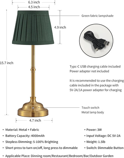 Gold Cordless Portable LED Table Lamp, Beige Fabric Shade Desk Lamp