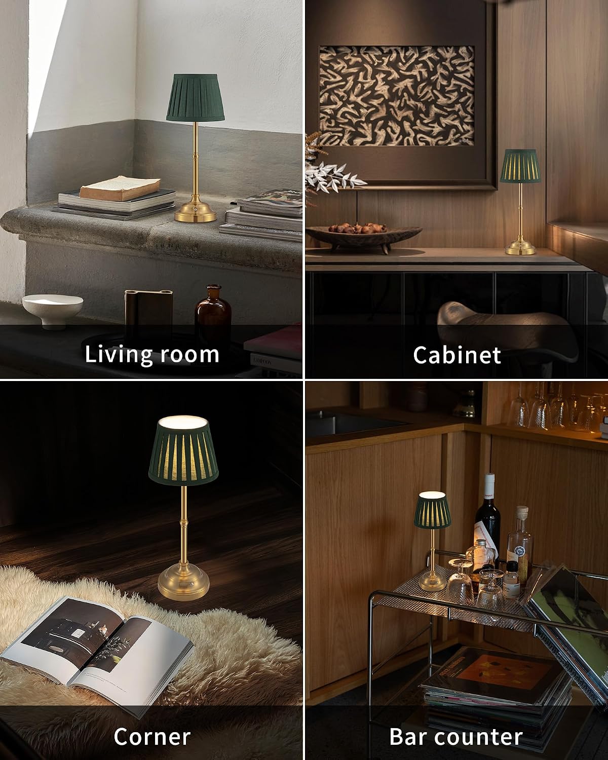 Gold Cordless Portable LED Table Lamp, Beige Fabric Shade Desk Lamp