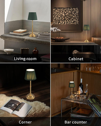 Gold Cordless Portable LED Table Lamp, Beige Fabric Shade Desk Lamp