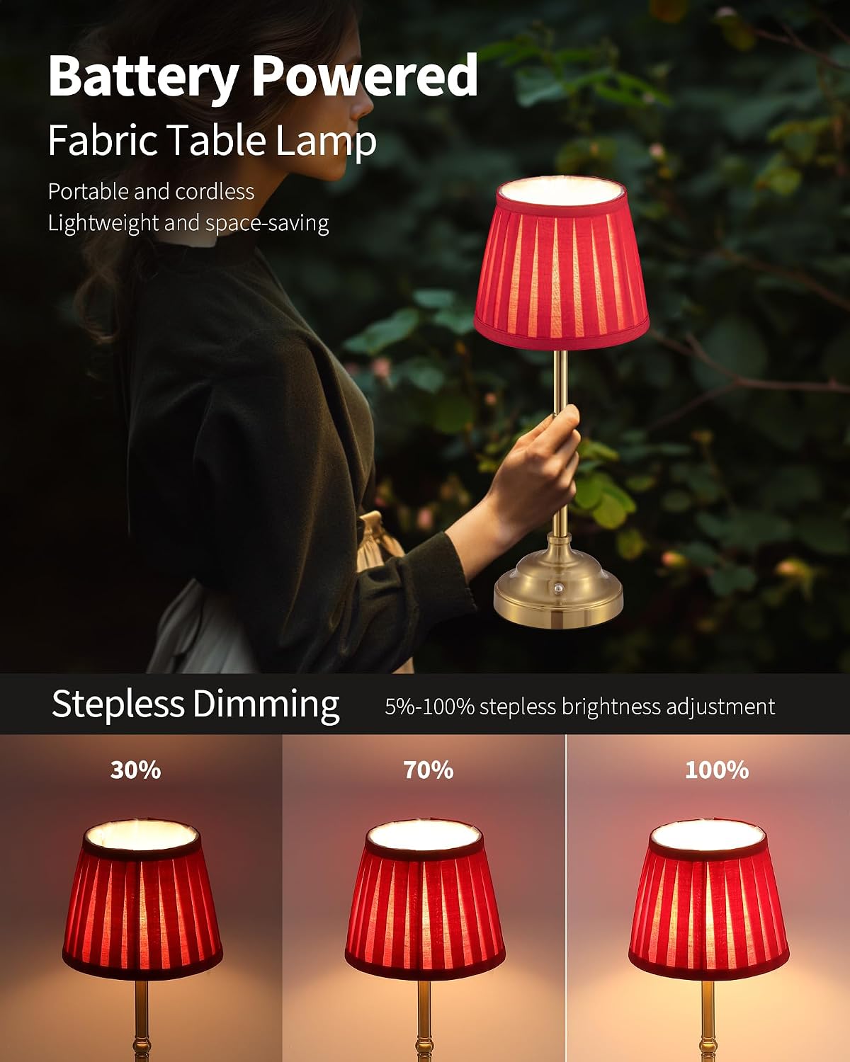 Gold Cordless Portable LED Table Lamp, Beige Fabric Shade Desk Lamp