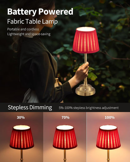 Gold Cordless Portable LED Table Lamp, Beige Fabric Shade Desk Lamp
