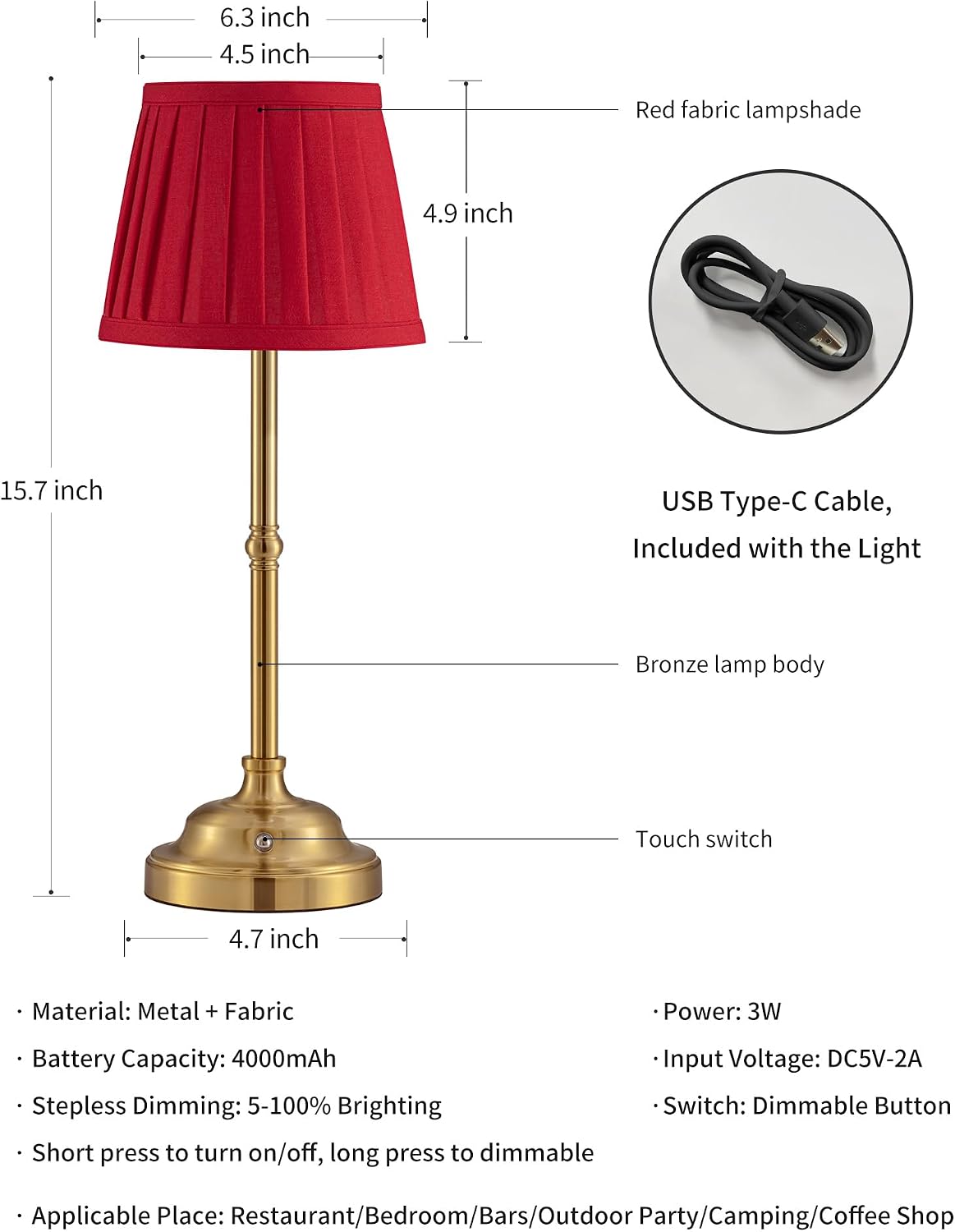 Gold Cordless Portable LED Table Lamp, Beige Fabric Shade Desk Lamp