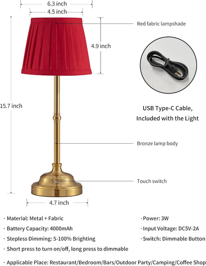 Gold Cordless Portable LED Table Lamp, Beige Fabric Shade Desk Lamp