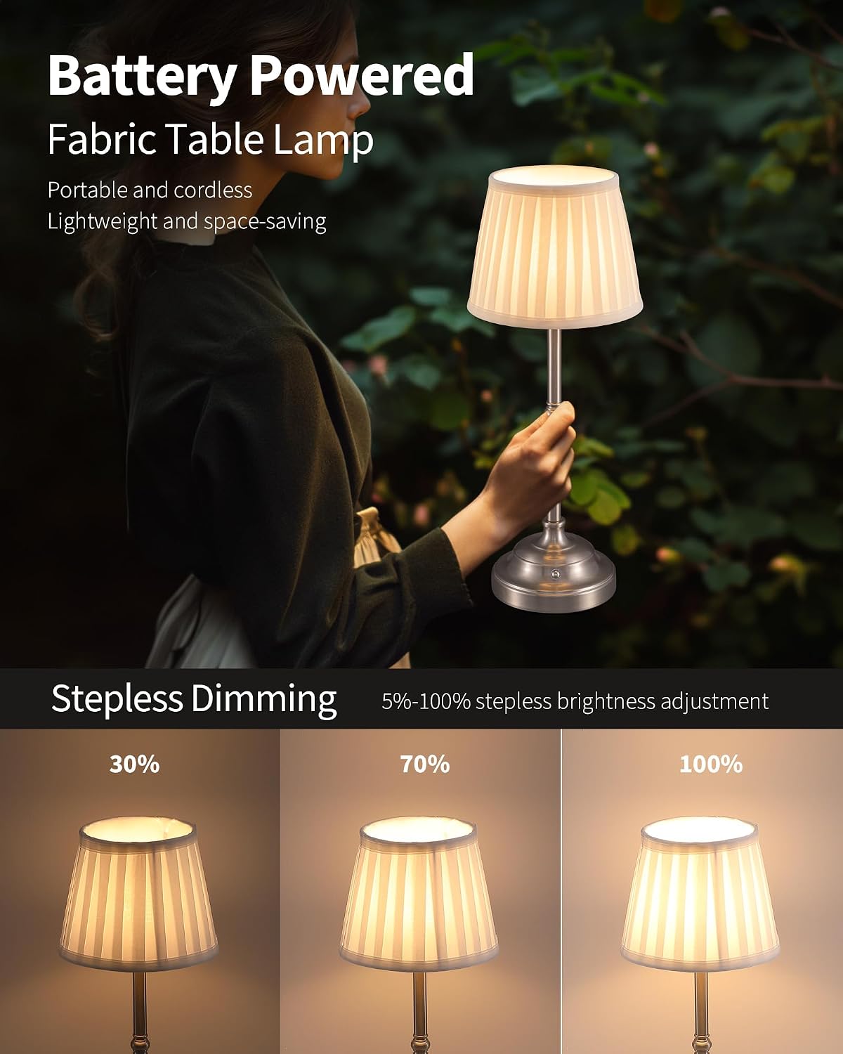 Gold Cordless Portable LED Table Lamp, Beige Fabric Shade Desk Lamp