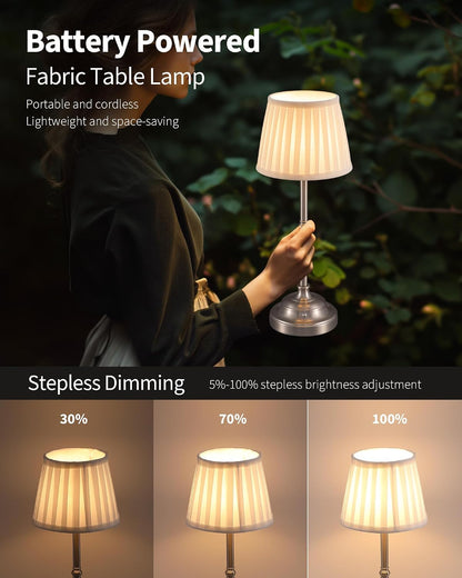Gold Cordless Portable LED Table Lamp, Beige Fabric Shade Desk Lamp