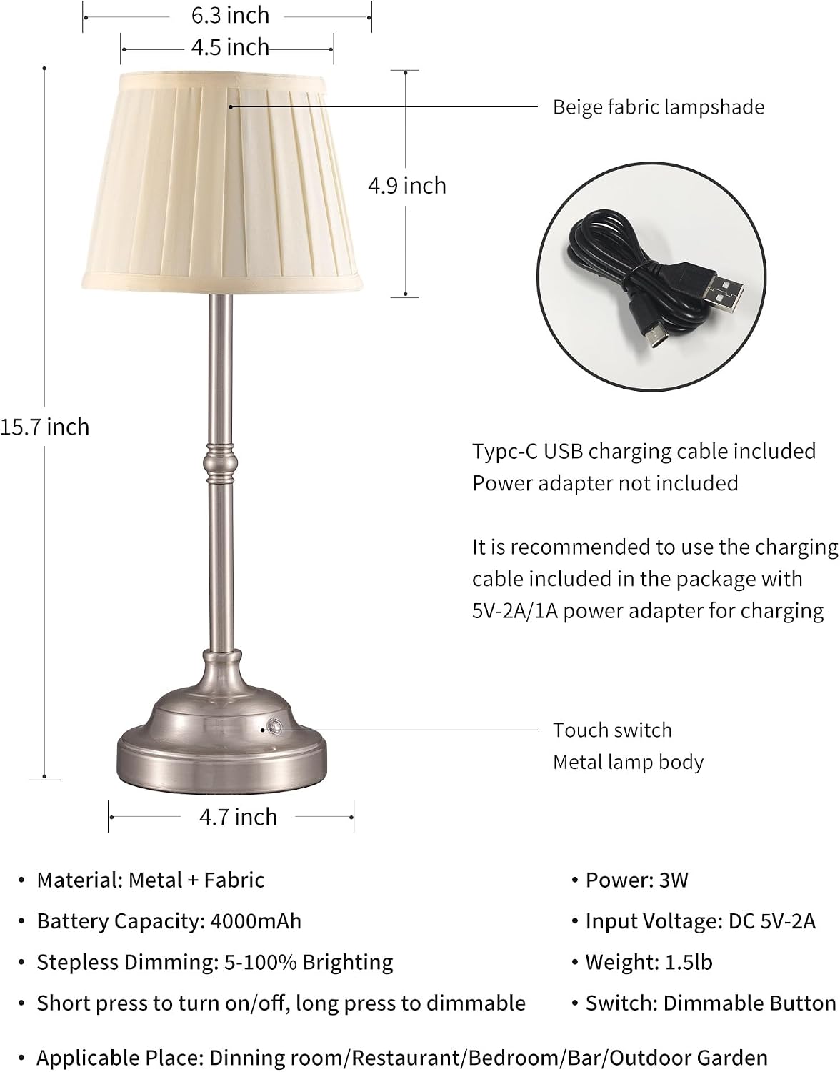 Gold Cordless Portable LED Table Lamp, Beige Fabric Shade Desk Lamp