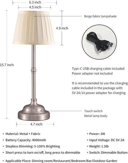 Gold Cordless Portable LED Table Lamp, Beige Fabric Shade Desk Lamp