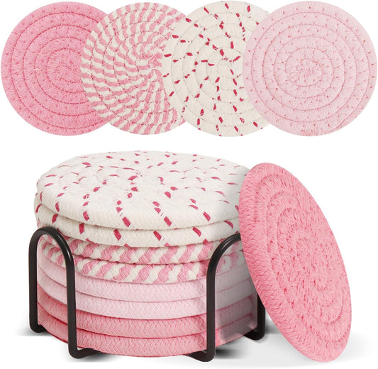 Pink Coasters Set of 8 with Holder, 4 Color Cotton Rope Woven