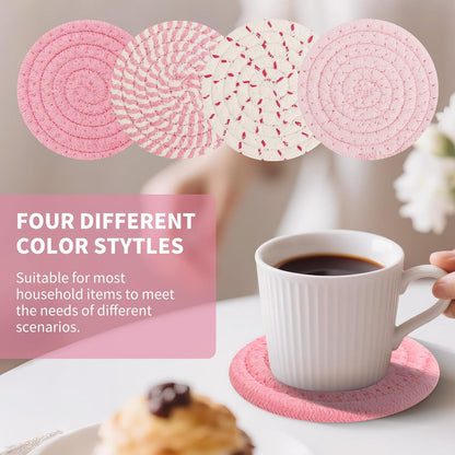 Pink Coasters Set of 8 with Holder, 4 Color Cotton Rope Woven