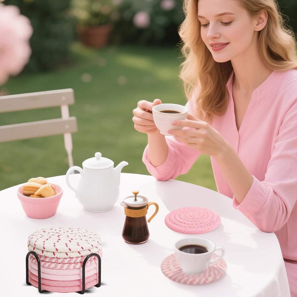 Pink Coasters Set of 8 with Holder, 4 Color Cotton Rope Woven