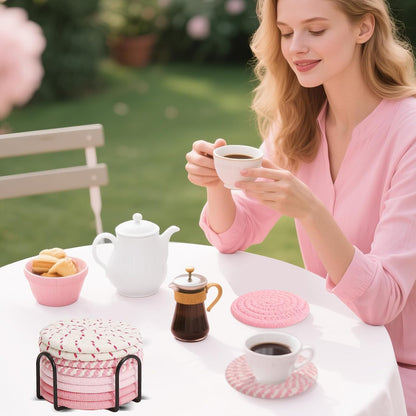 Pink Coasters Set of 8 with Holder, 4 Color Cotton Rope Woven