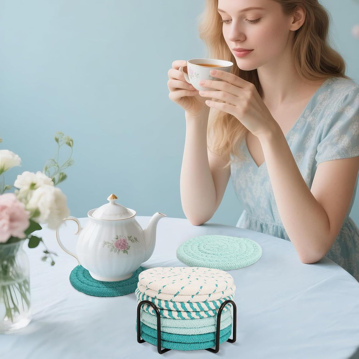 Pink Coasters Set of 8 with Holder, 4 Color Cotton Rope Woven