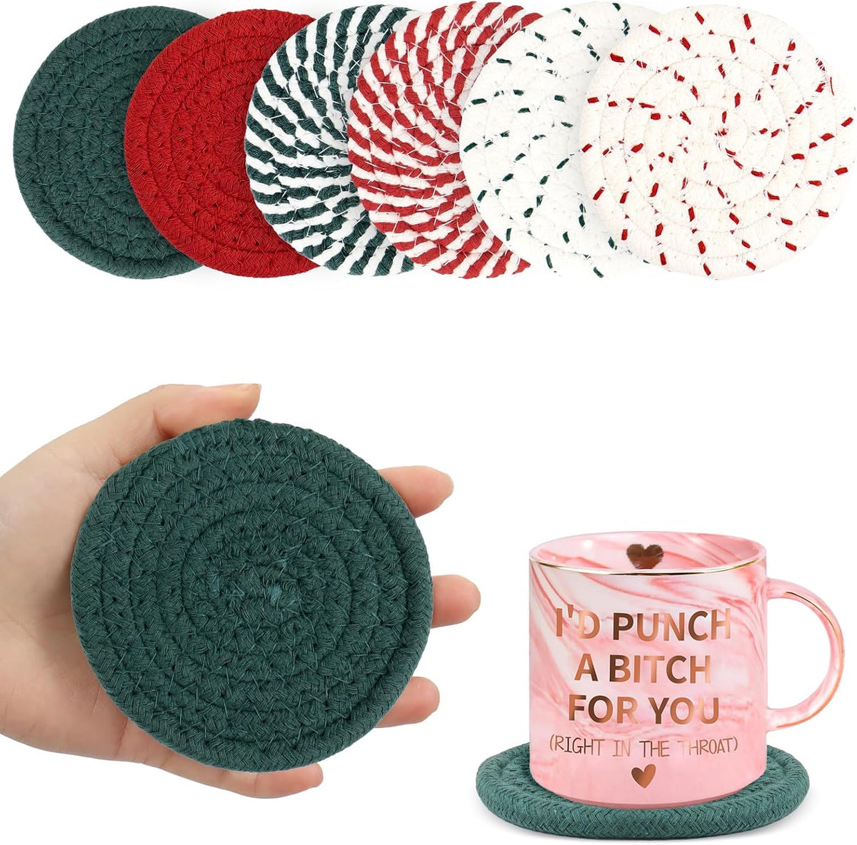 Pink Coasters Set of 8 with Holder, 4 Color Cotton Rope Woven