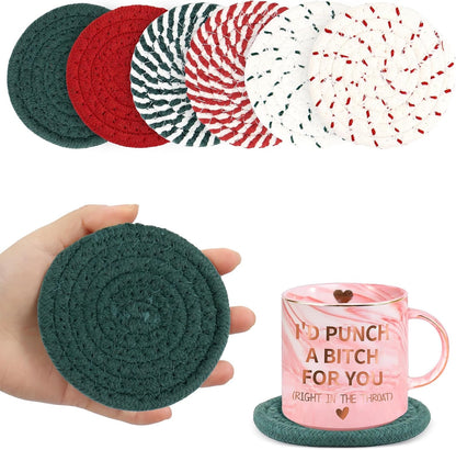Pink Coasters Set of 8 with Holder, 4 Color Cotton Rope Woven