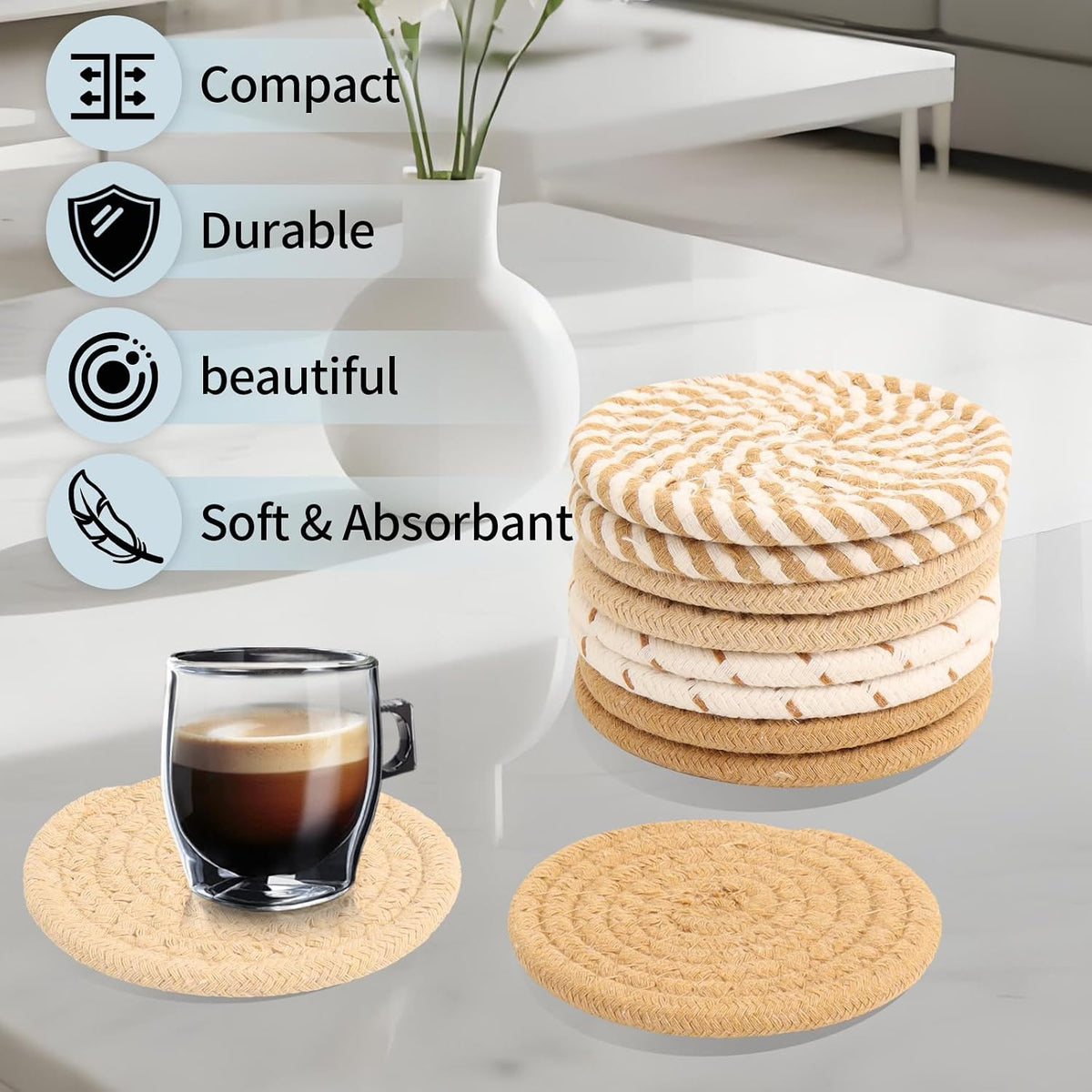 Pink Coasters Set of 8 with Holder, 4 Color Cotton Rope Woven