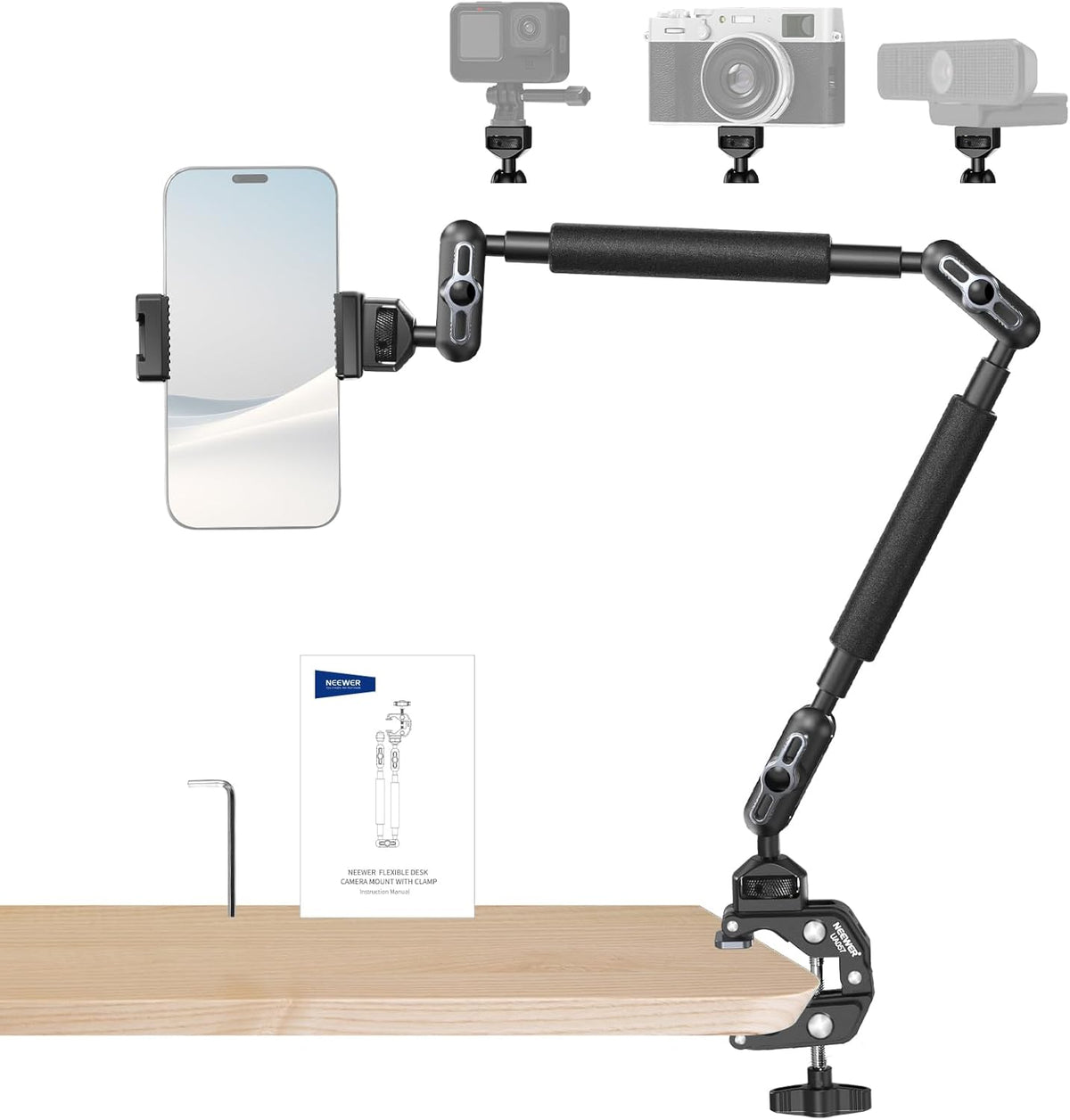 22" Magic Arm w Desk C Clamp, Overhead Camera Mount with Articulating Mic Boom Arm 1/4" 3/8" Threads for ARRI, Desktop Stand Holder for Phone Microphone Webcam Action Camera Video Light, UA057