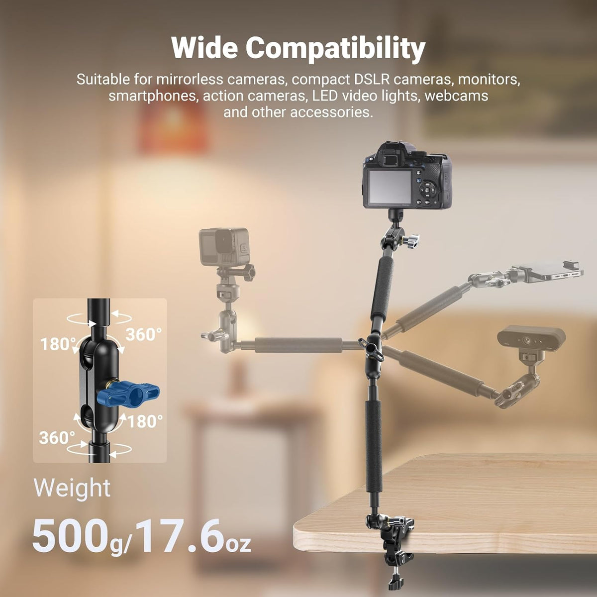 22" Magic Arm w Desk C Clamp, Overhead Camera Mount with Articulating Mic Boom Arm 1/4" 3/8" Threads for ARRI, Desktop Stand Holder for Phone Microphone Webcam Action Camera Video Light, UA057